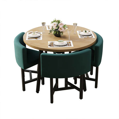 1000mm Round Wooden Nesting Dining Table Set for 4 Green Upholstered Chairs - 