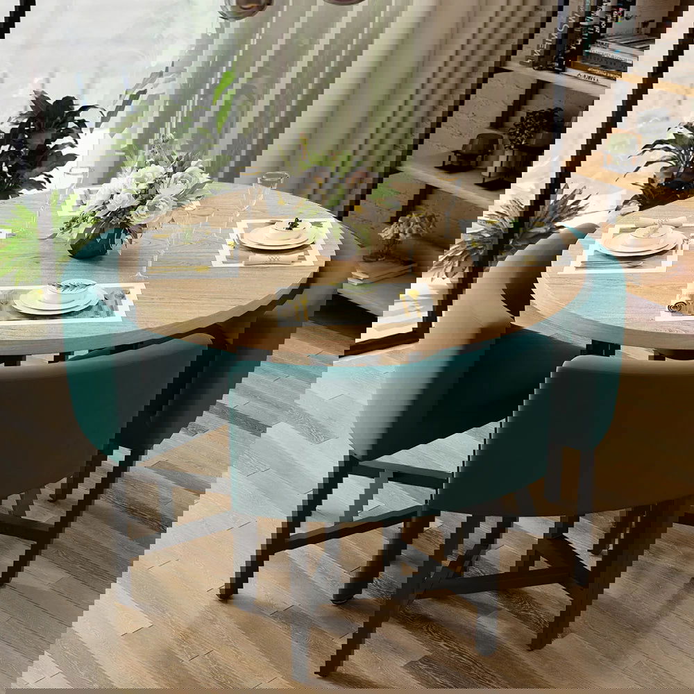 1000mm Round Wooden Nesting Dining Table Set for 4 Green Upholstered Chairs - Homary
