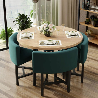 1000mm Round Wooden Nesting Dining Table Set for 4 Green Upholstered Chairs - Homary