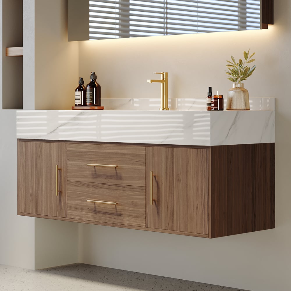 1000mm Walnut Floating Bathroom Vanity Set Stone Top Wall Mounted Bathroom Cabinet - 