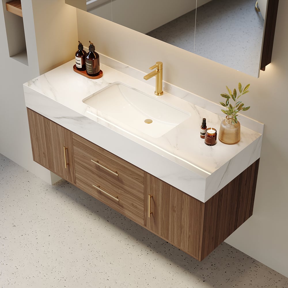 1000mm Walnut Floating Bathroom Vanity Set Stone Top Wall Mounted Bathroom Cabinet - 