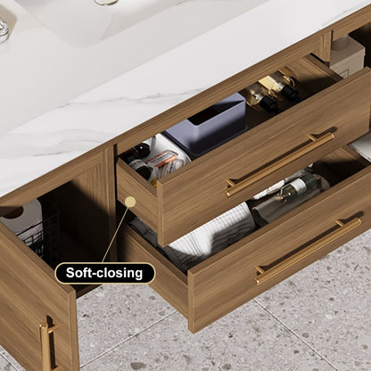 1000mm Walnut Floating Bathroom Vanity Set Stone Top Wall Mounted Bathroom Cabinet - 