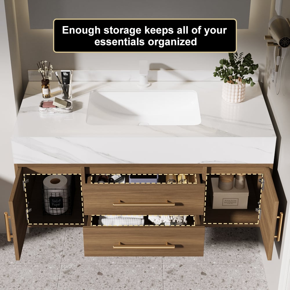 1000mm Walnut Floating Bathroom Vanity Set Stone Top Wall Mounted Bathroom Cabinet - 