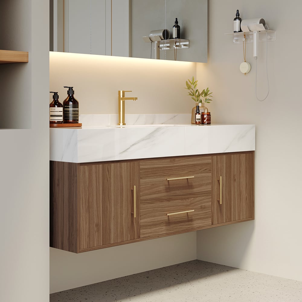 1000mm Walnut Floating Bathroom Vanity Set Stone Top Wall Mounted Bathroom Cabinet - Homary