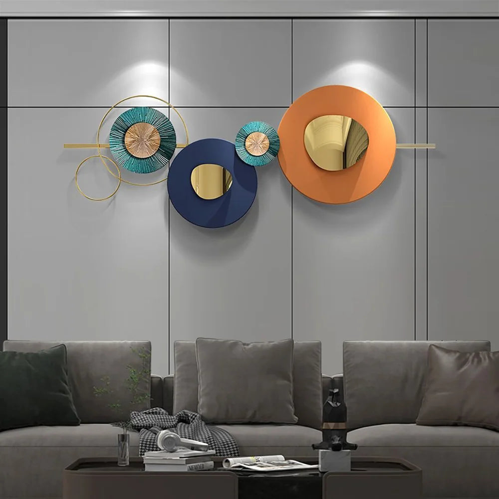 Modern Metal Wall Decor Geometric Round Home Wall Art Orange & Gold & Blue Living Room