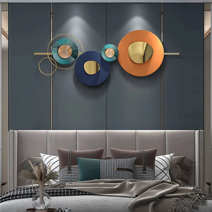 Modern Metal Wall Decor Geometric Round Home Wall Art Orange & Gold & Blue Living Room