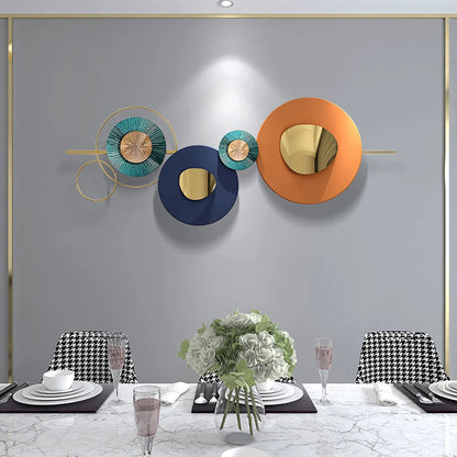 Modern Metal Wall Decor Geometric Round Home Wall Art Orange & Gold & Blue Living Room