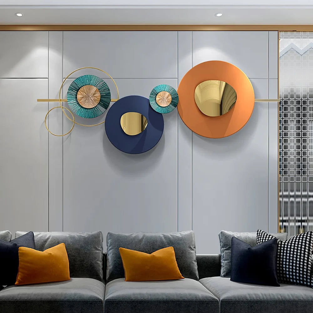 Modern Metal Wall Decor Geometric Round Home Wall Art Orange & Gold & Blue Living Room