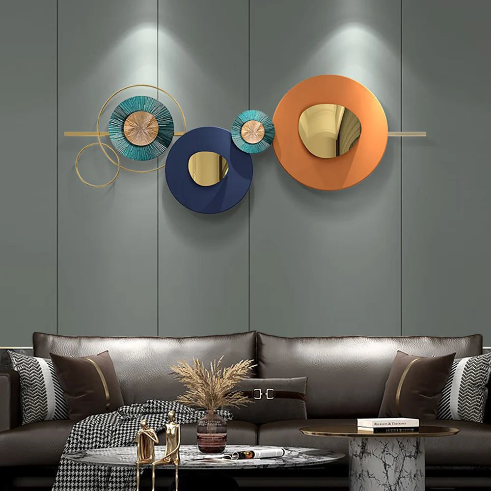 Modern Metal Wall Decor Geometric Round Home Wall Art Orange & Gold & Blue Living Room