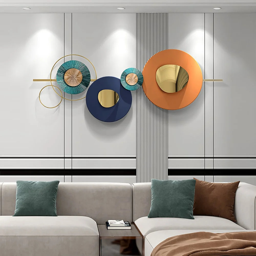 Modern Metal Wall Decor Geometric Round Home Wall Art Orange & Gold & Blue Living Room