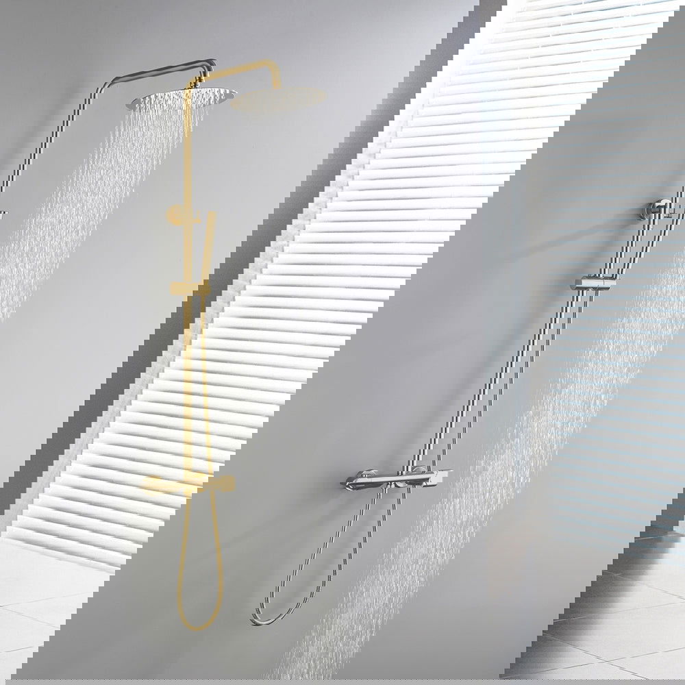 10" Modern Luxury Exposed Shower Fixture Thermostatic Rainfall Shower Head Brushed Gold - Homary