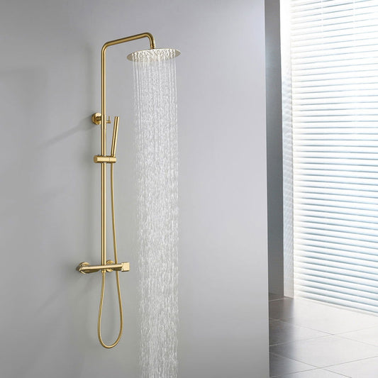 10" Modern Luxury Exposed Shower Fixture Thermostatic Rainfall Shower Head Brushed Gold - Homary