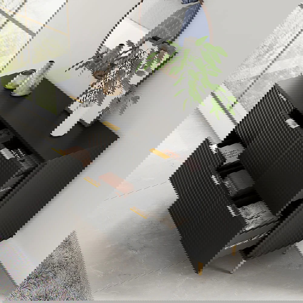 1200mmW Modern 6-Drawer Black Fluted Dresser Chest wtih Storage for Bedroom - 