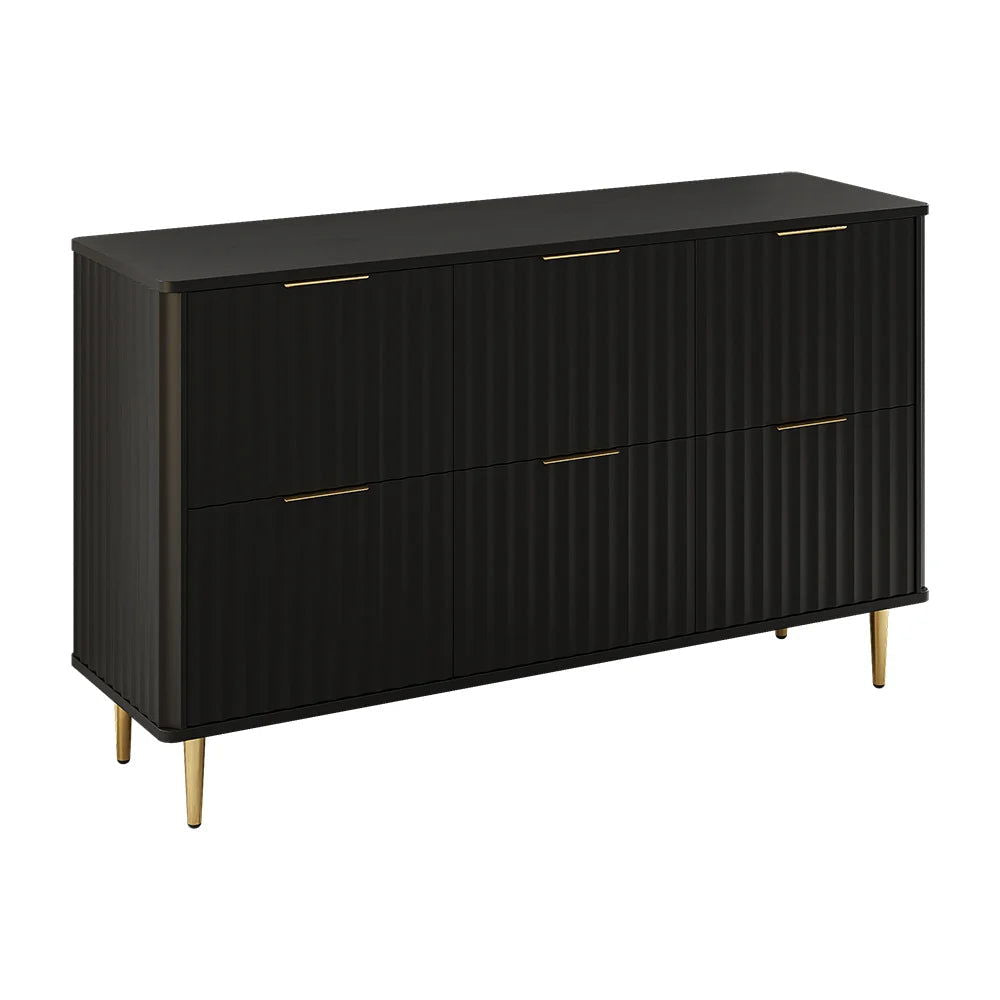 1200mmW Modern 6-Drawer Black Fluted Dresser Chest wtih Storage for Bedroom - 