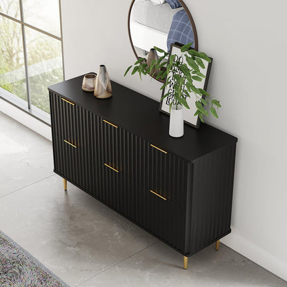 1200mmW Modern 6-Drawer Black Fluted Dresser Chest wtih Storage for Bedroom - 