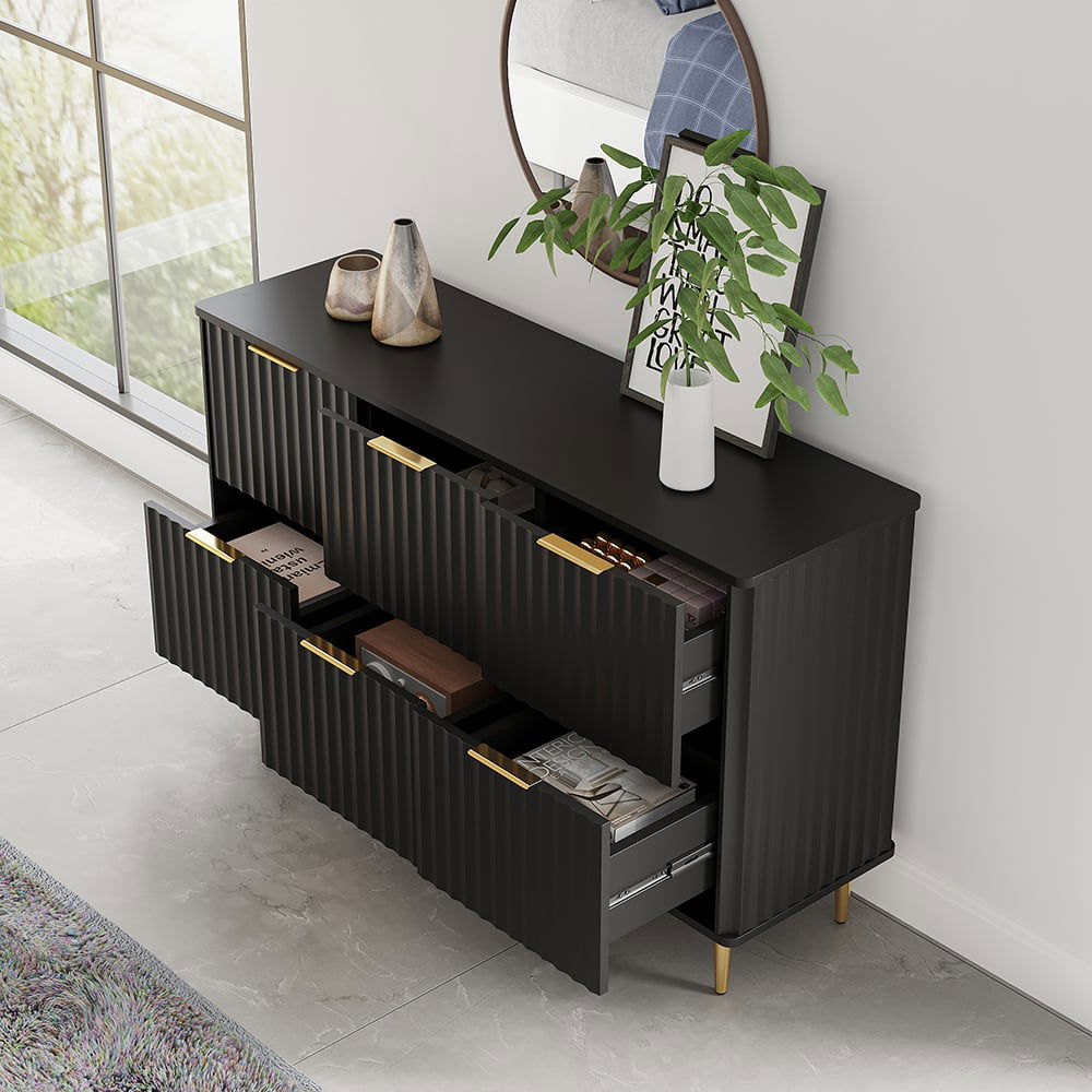 1200mmW Modern 6-Drawer Black Fluted Dresser Chest wtih Storage for Be Approved By Design 1200mmW Modern 6-Drawer Black Fluted Dresser Chest wtih Storage for Be Approved By Design