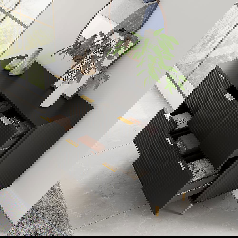 1200mmW Modern 6-Drawer Black Fluted Dresser Chest wtih Storage for Bedroom - 