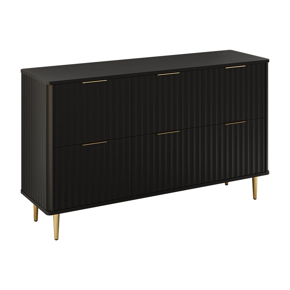 1200mmW Modern 6-Drawer Black Fluted Dresser Chest wtih Storage for Bedroom - 