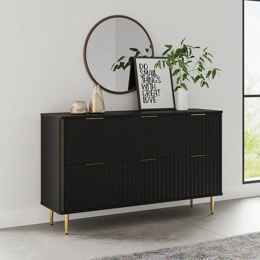 1200mmW Modern 6-Drawer Black Fluted Dresser Chest wtih Storage for Bedroom - Homary