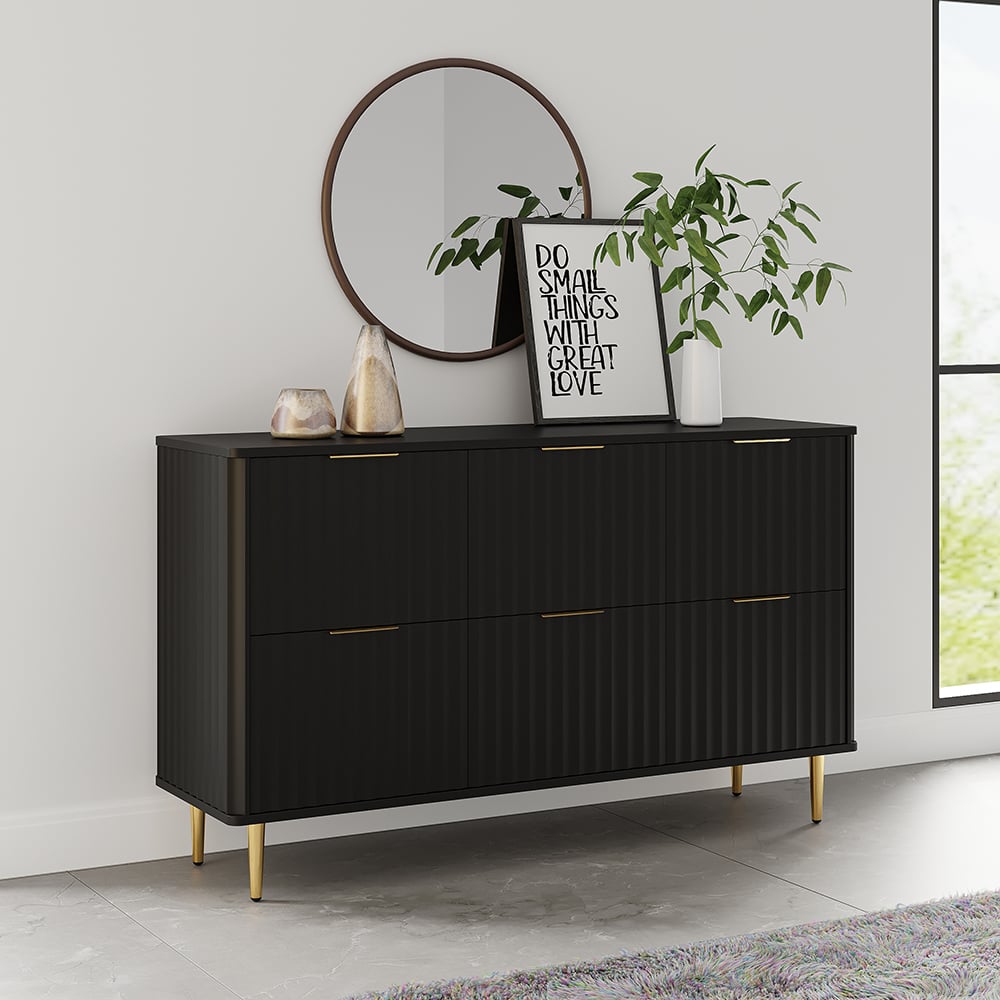 1200mmW Modern 6-Drawer Black Fluted Dresser Chest wtih Storage for Bedroom - Homary