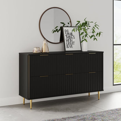 1200mmW Modern 6-Drawer Black Fluted Dresser Chest wtih Storage for Bedroom - Homary