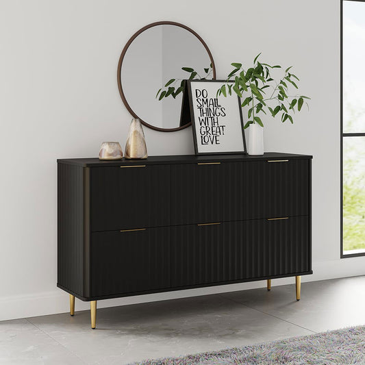 1200mmW Modern 6-Drawer Black Fluted Dresser Chest wtih Storage for Bedroom - Homary