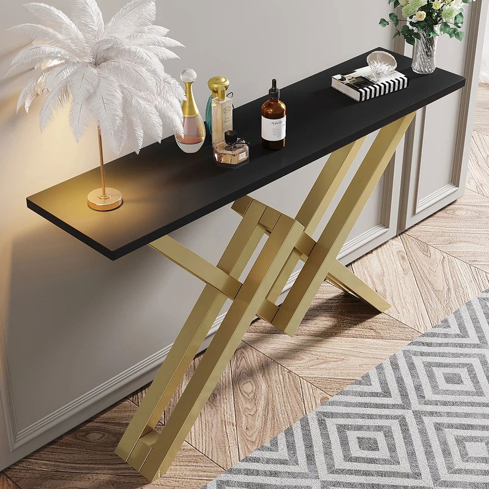 1200mm Black & Gold Narrow Sofa Console Table Hallway Table with Trestle Metal Base - 