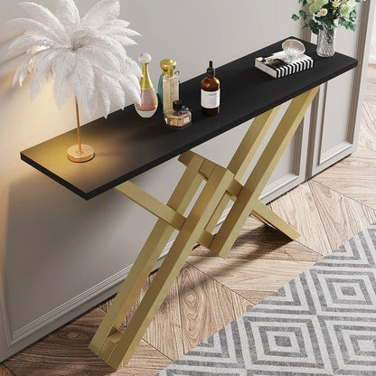 1200mm Black & Gold Narrow Sofa Console Table Hallway Table with Trestle Metal Base - 
