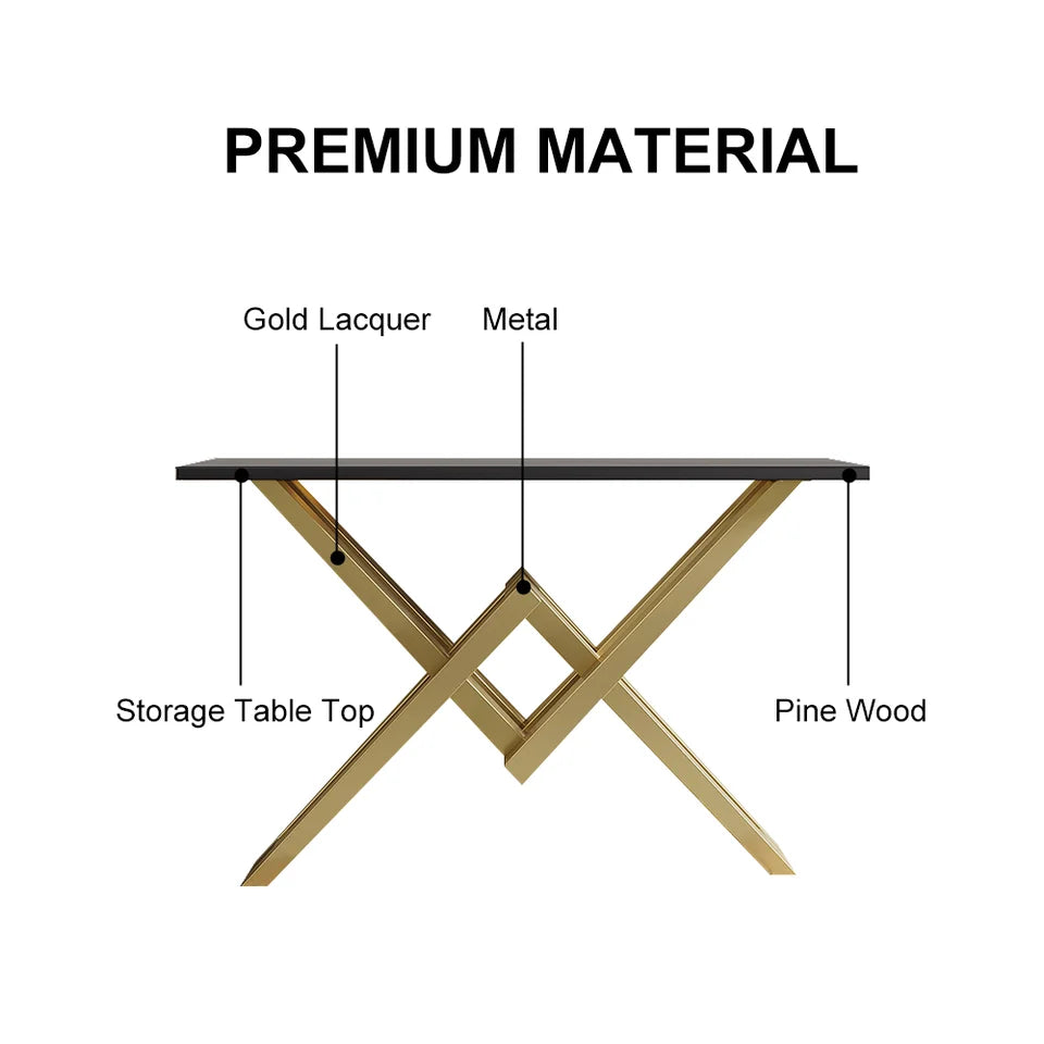1200mm Black & Gold Narrow Sofa Console Table Hallway Table with Trestle Metal Base - 