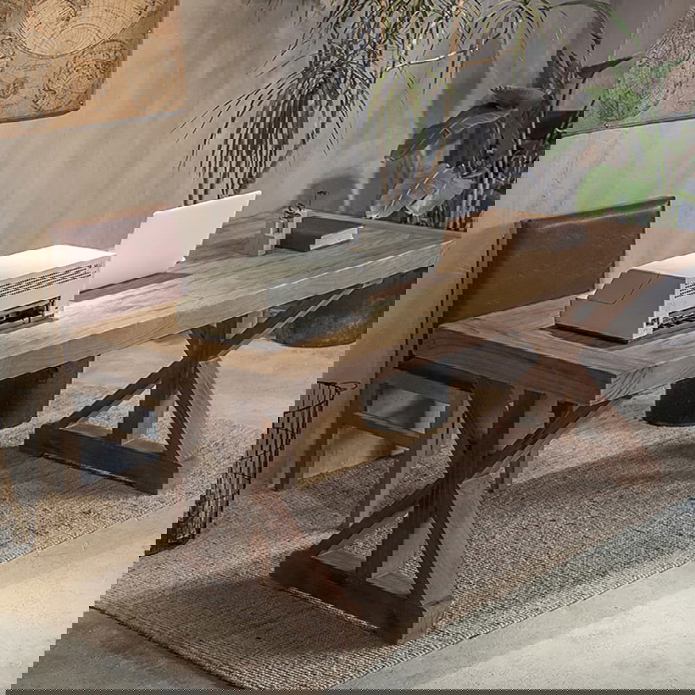 1200mm Farmhouse Wooden Office Desk in Natural with Trestle Rectangular Writing Desk - Homary