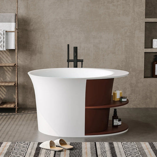 1200mm Freestanding Japanese Soaking Bathtub with Storage Shelving Stone Resin - Homary