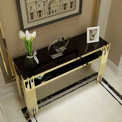 1200mm Modern Black Faux Marble Narrow Console Table with Storage Shelf and 4 Gold Legs - 