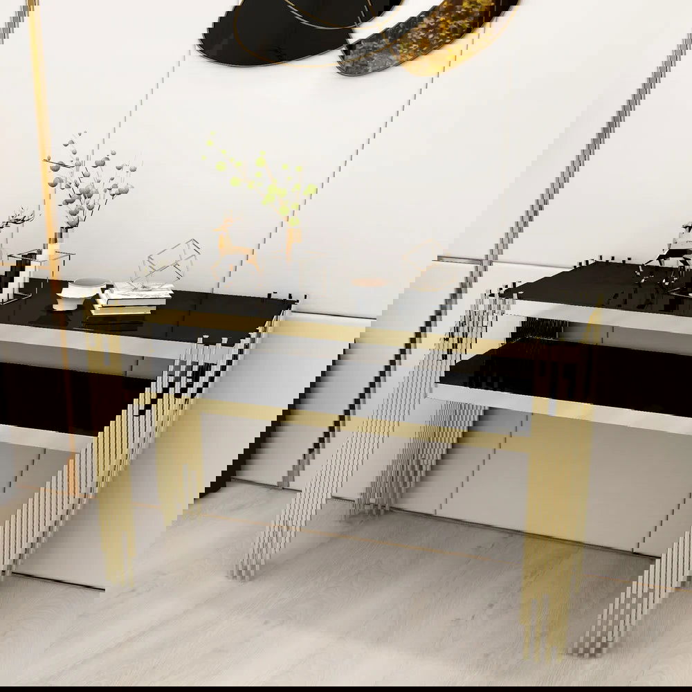 1200mm Modern Black Faux Marble Narrow Console Table with Storage Shelf and 4 Gold Legs - 