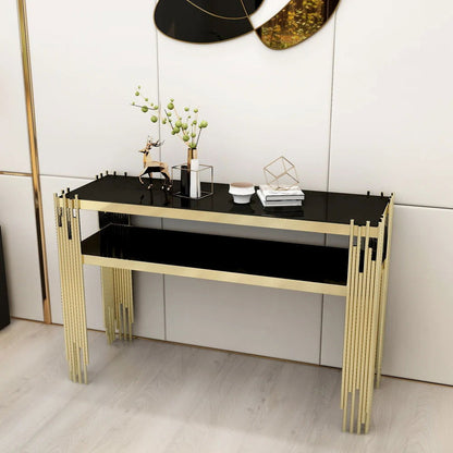 1200mm Modern Black Faux Marble Narrow Console Table with Storage Shelf and 4 Gold Legs - 