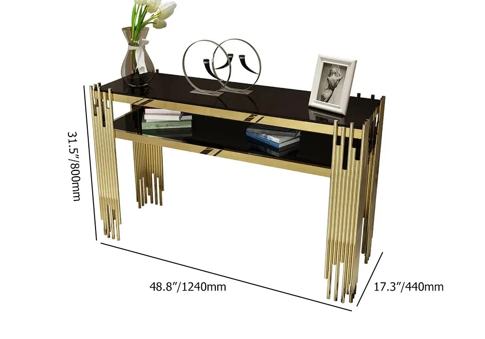 1200mm Modern Black Faux Marble Narrow Console Table with Storage Shelf and 4 Gold Legs - 