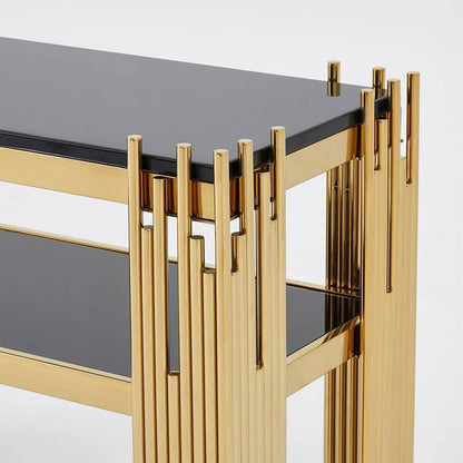1200mm Modern Black Faux Marble Narrow Console Table with Storage Shelf and 4 Gold Legs - 