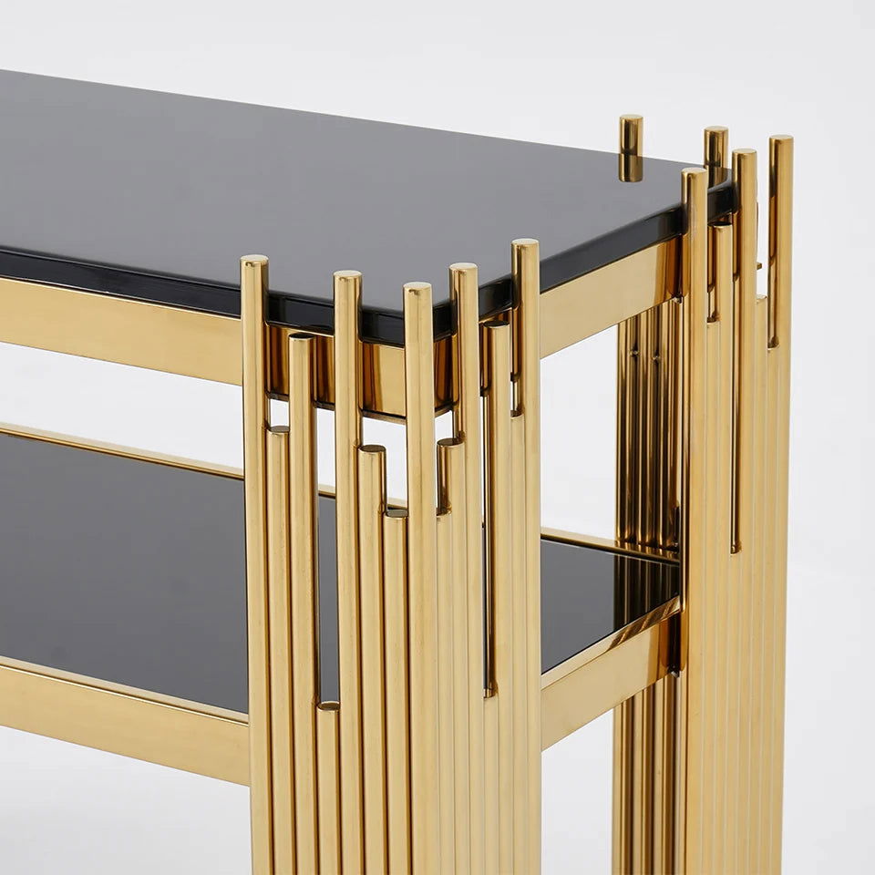 1200mm Modern Black Faux Marble Narrow Console Table with Storage Shelf and 4 Gold Legs - 