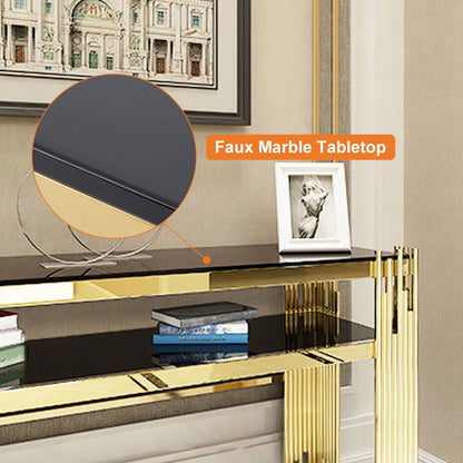 1200mm Modern Black Faux Marble Narrow Console Table with Storage Shelf and 4 Gold Legs - 