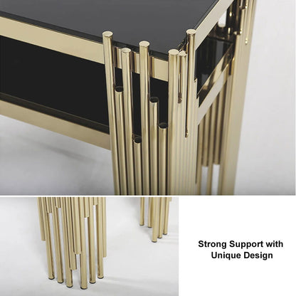 1200mm Modern Black Faux Marble Narrow Console Table with Storage Shelf and 4 Gold Legs - 