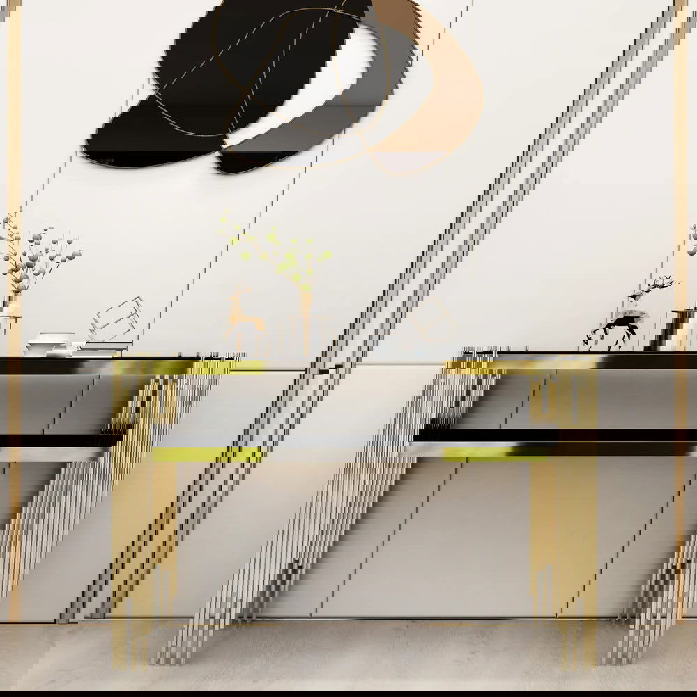 1200mm Modern Black Faux Marble Narrow Console Table with Storage Shelf and 4 Gold Legs - 