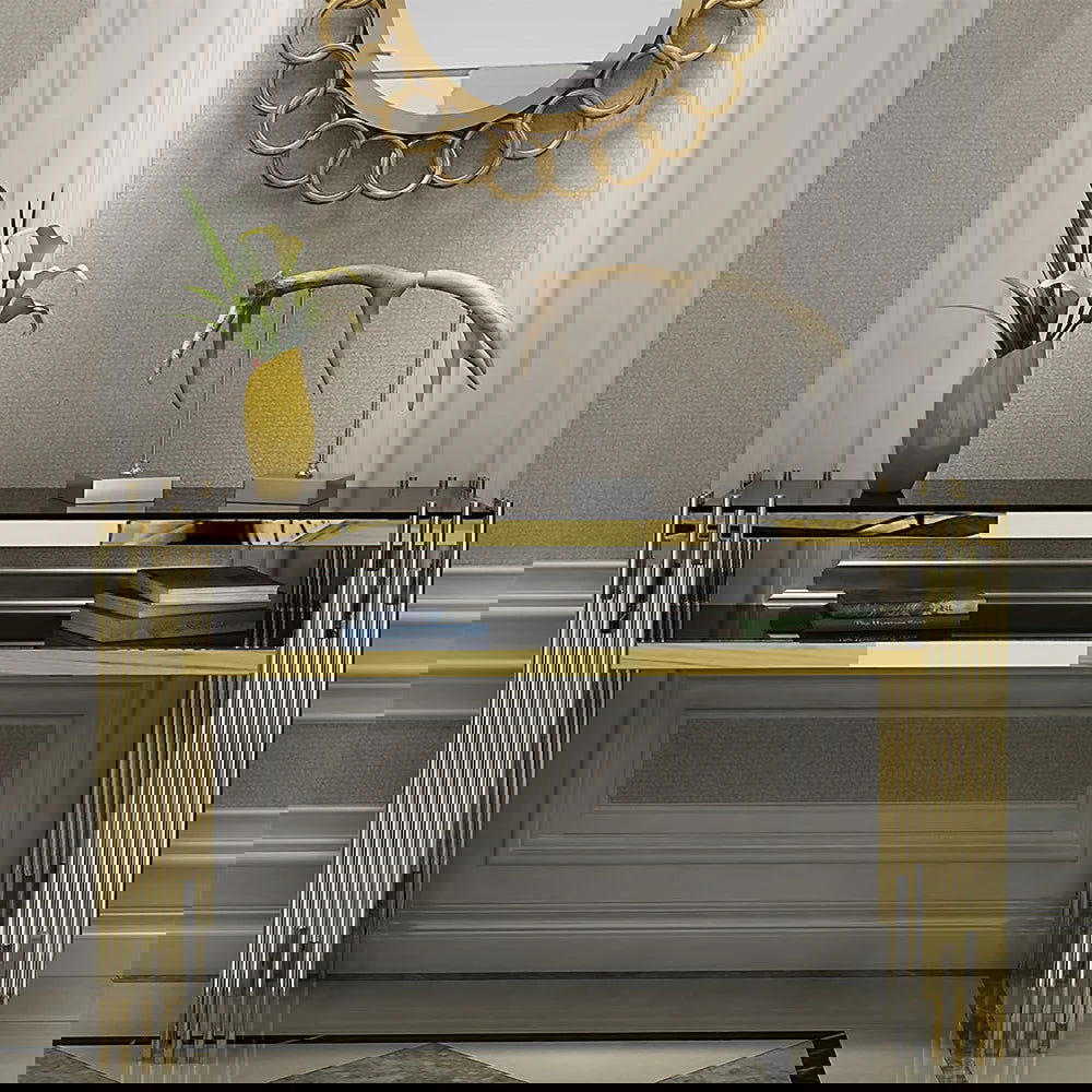 1200mm Modern Black Faux Marble Narrow Console Table with Storage Shelf and 4 Gold Legs - Homary