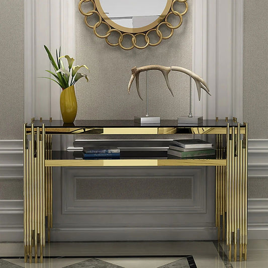 1200mm Modern Black Faux Marble Narrow Console Table with Storage Shelf and 4 Gold Legs - Homary