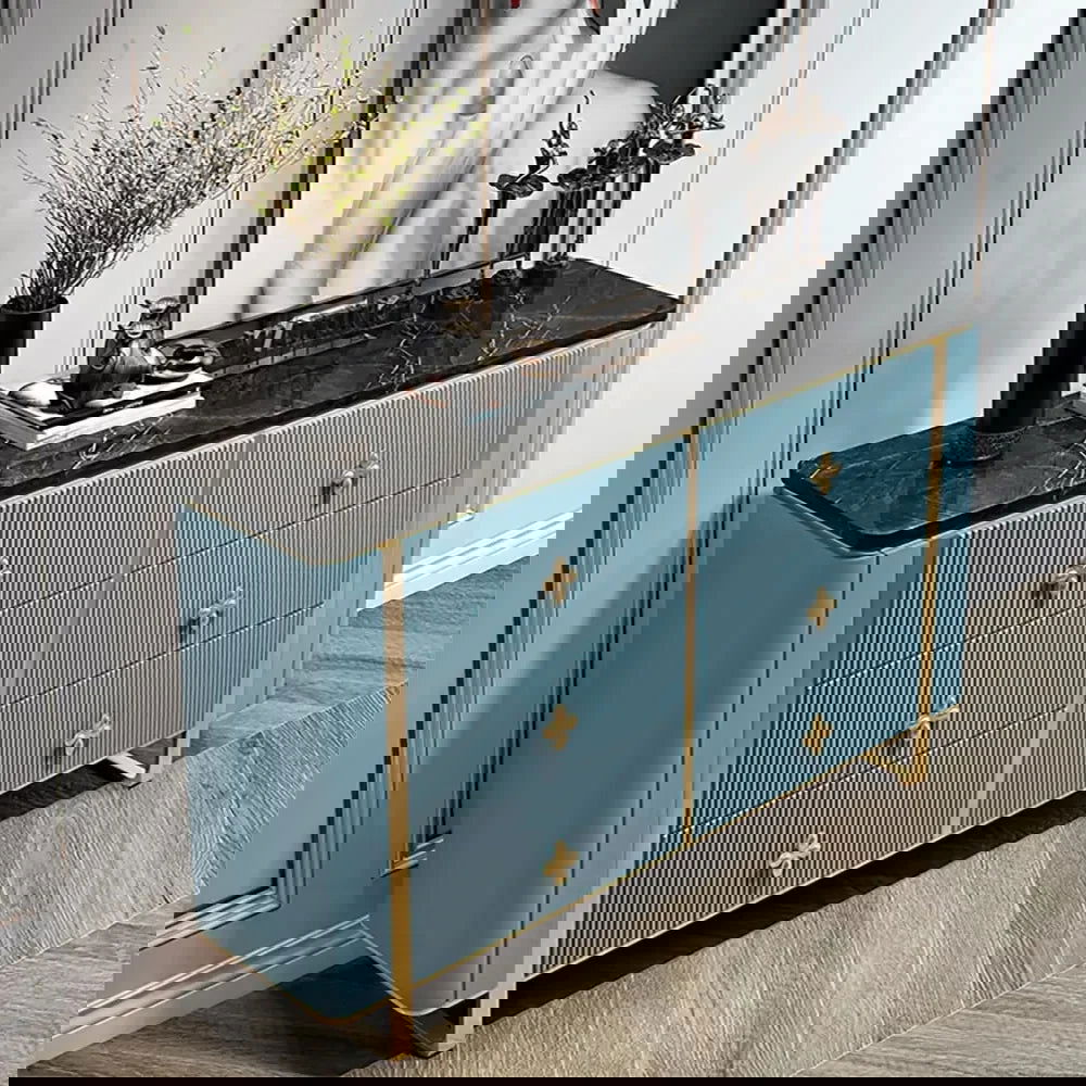 1200mm Modern Blue Dresser Faux Marble Top Cabinet with 6 Drawers in Gold - 