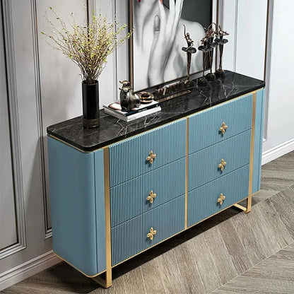 1200mm Modern Blue Dresser Faux Marble Top Cabinet with 6 Drawers in Gold - 