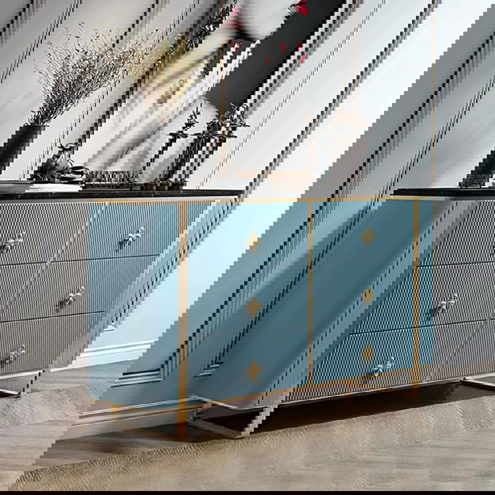 1200mm Modern Blue Dresser Faux Marble Top Cabinet with 6 Drawers in Gold - 