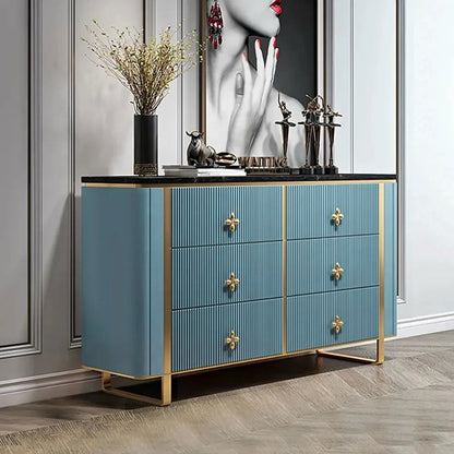1200mm Modern Blue Dresser Faux Marble Top Cabinet with 6 Drawers in Gold - 