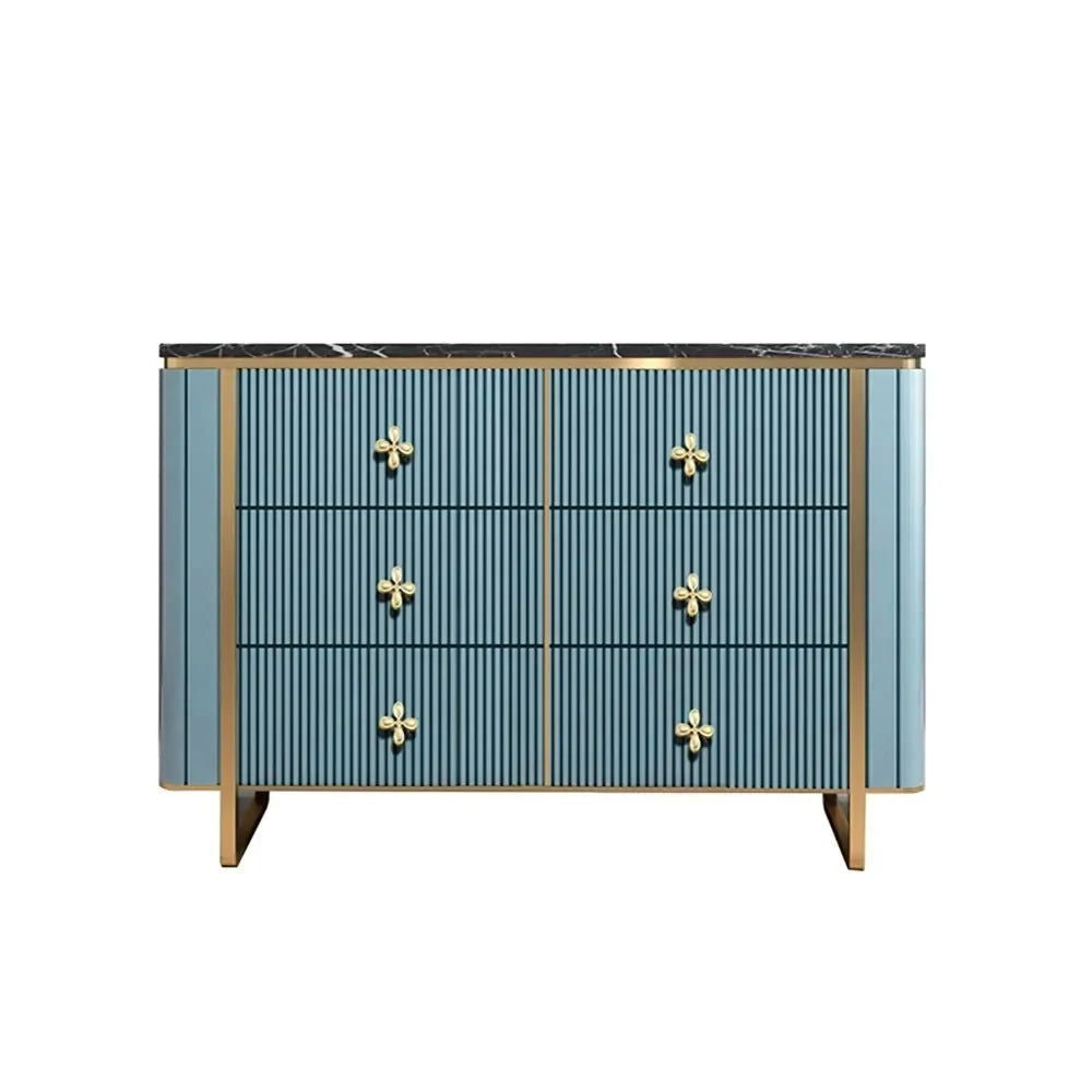 1200mm Modern Blue Dresser Faux Marble Top Cabinet with 6 Drawers in Gold - 