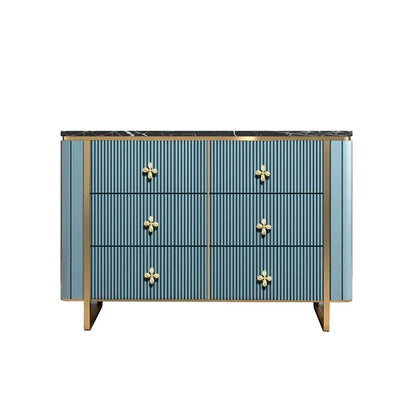 1200mm Modern Blue Dresser Faux Marble Top Cabinet with 6 Drawers in Gold - 