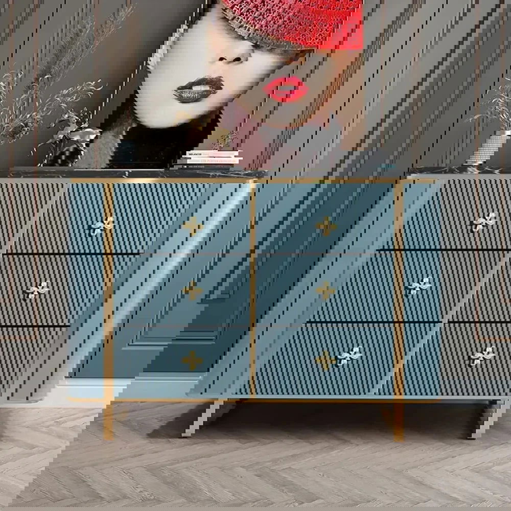 1200mm Modern Blue Dresser Faux Marble Top Cabinet with 6 Drawers in Gold - Homary