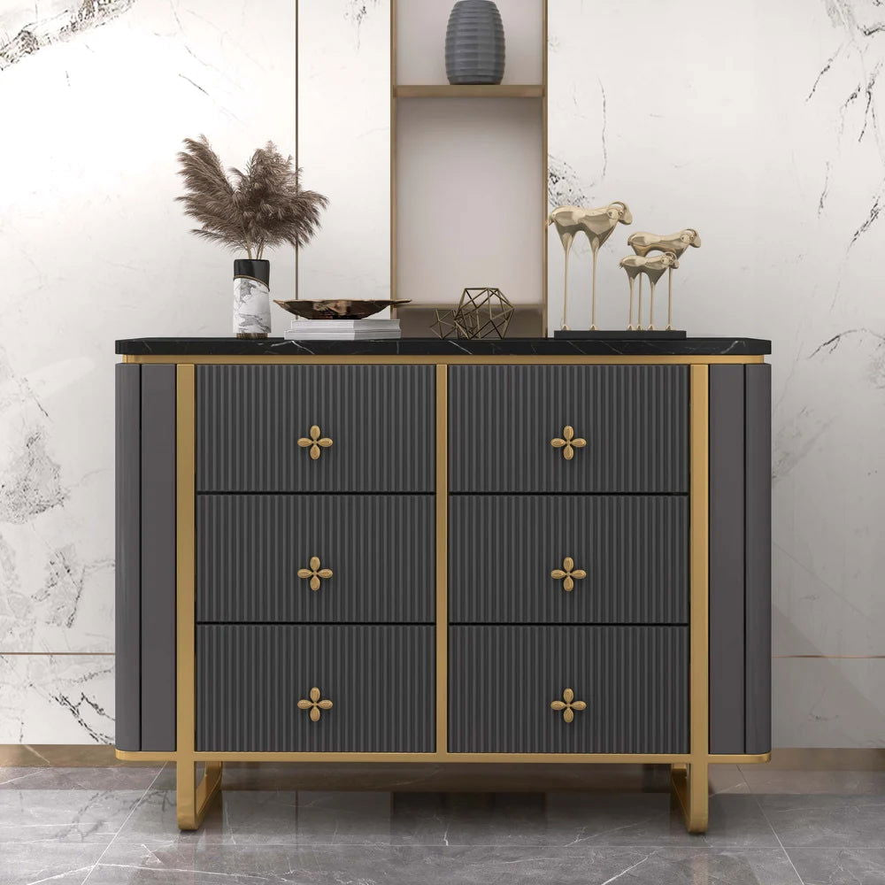 1200mm Modern Grey Dresser Faux Marble Top Cabinet with 6 Drawers - 